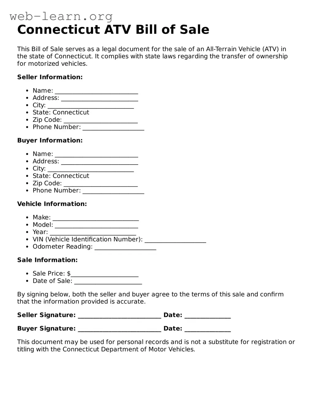 Attorney-Approved ATV Bill of Sale Document for the State of Connecticut