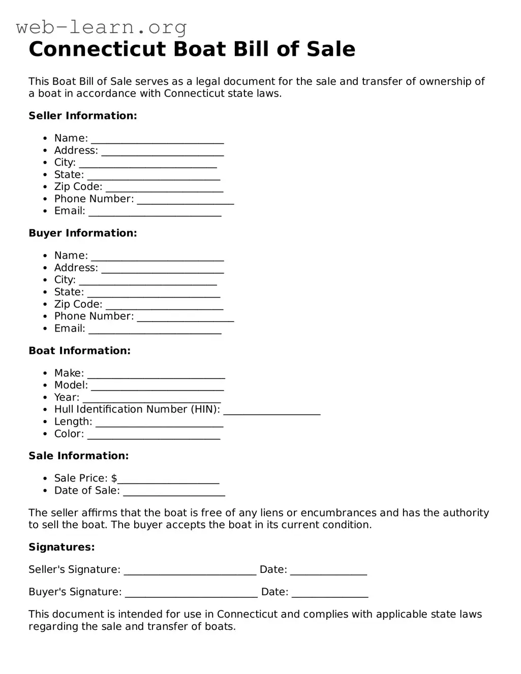 Attorney-Approved Boat Bill of Sale Document for the State of Connecticut
