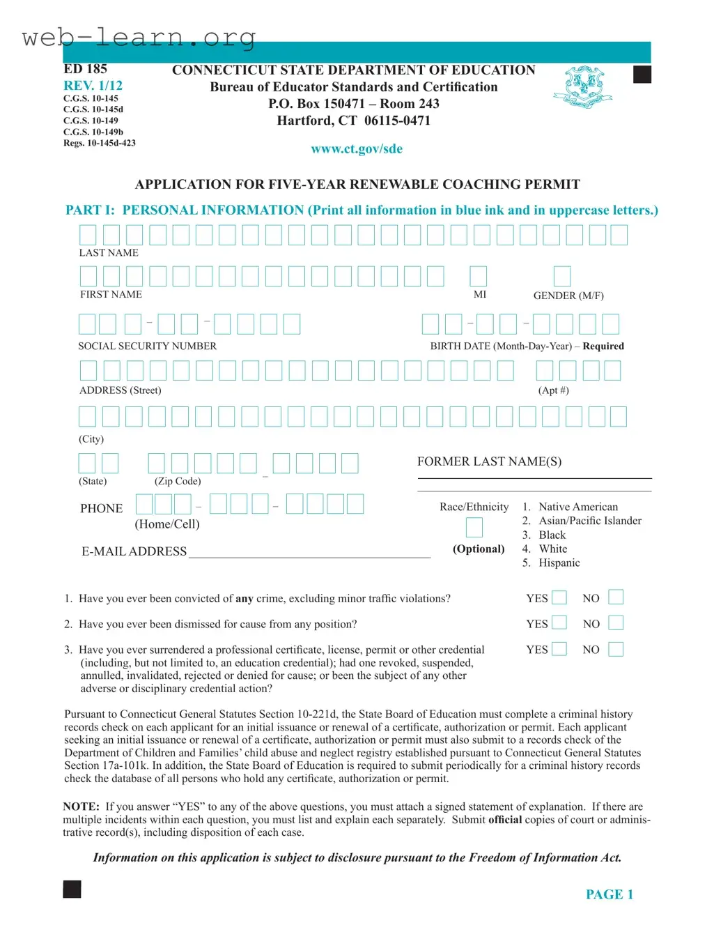 Blank Connecticut Ed 185 Form