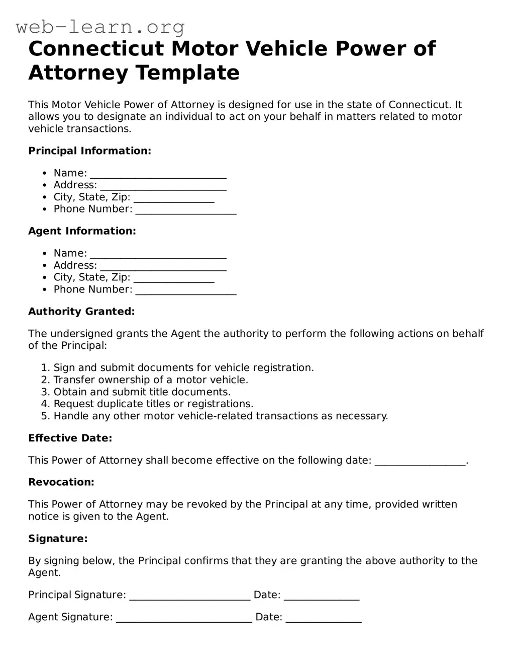 Attorney-Approved Motor Vehicle Power of Attorney Document for the State of Connecticut