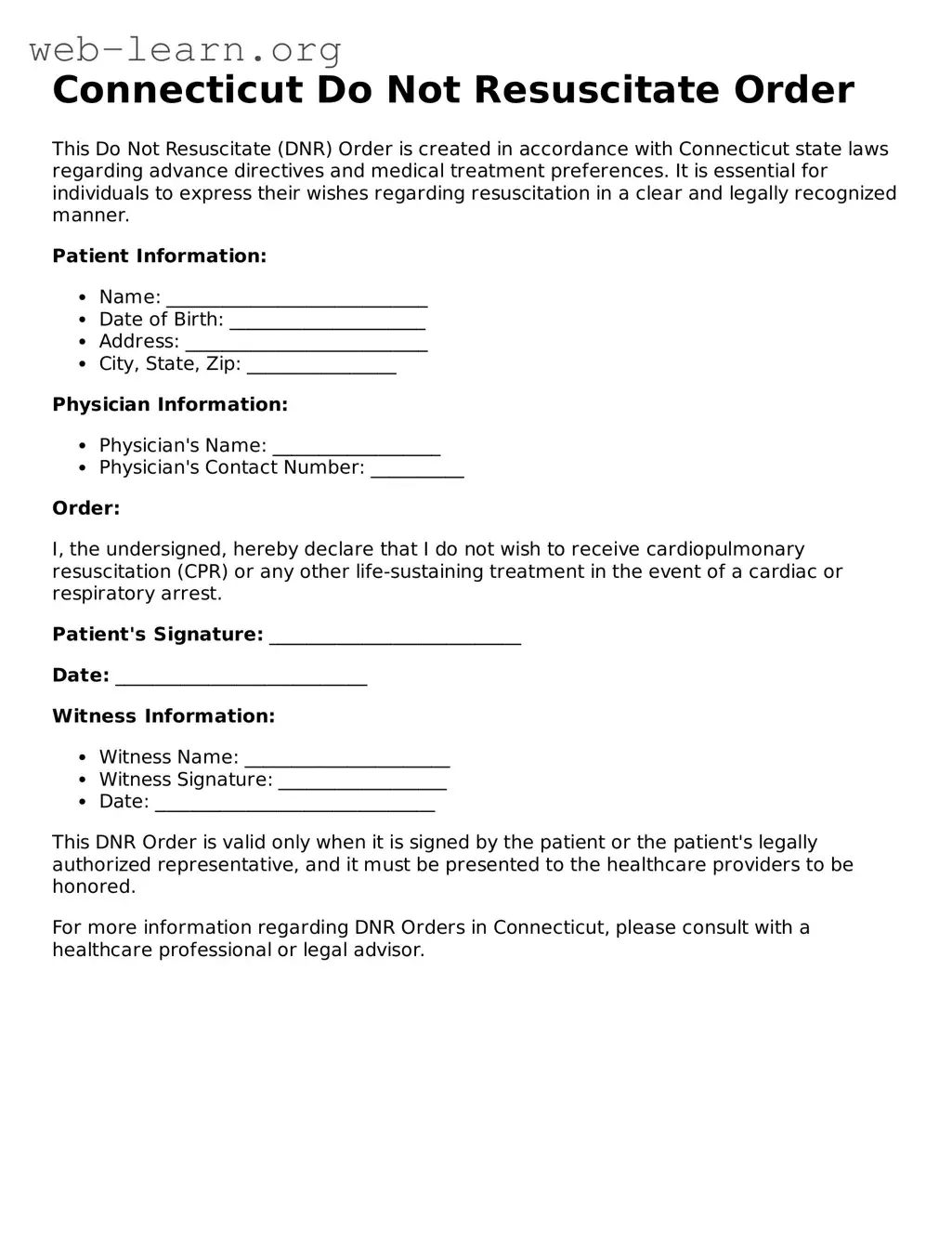 Attorney-Approved Do Not Resuscitate Order Document for the State of Connecticut