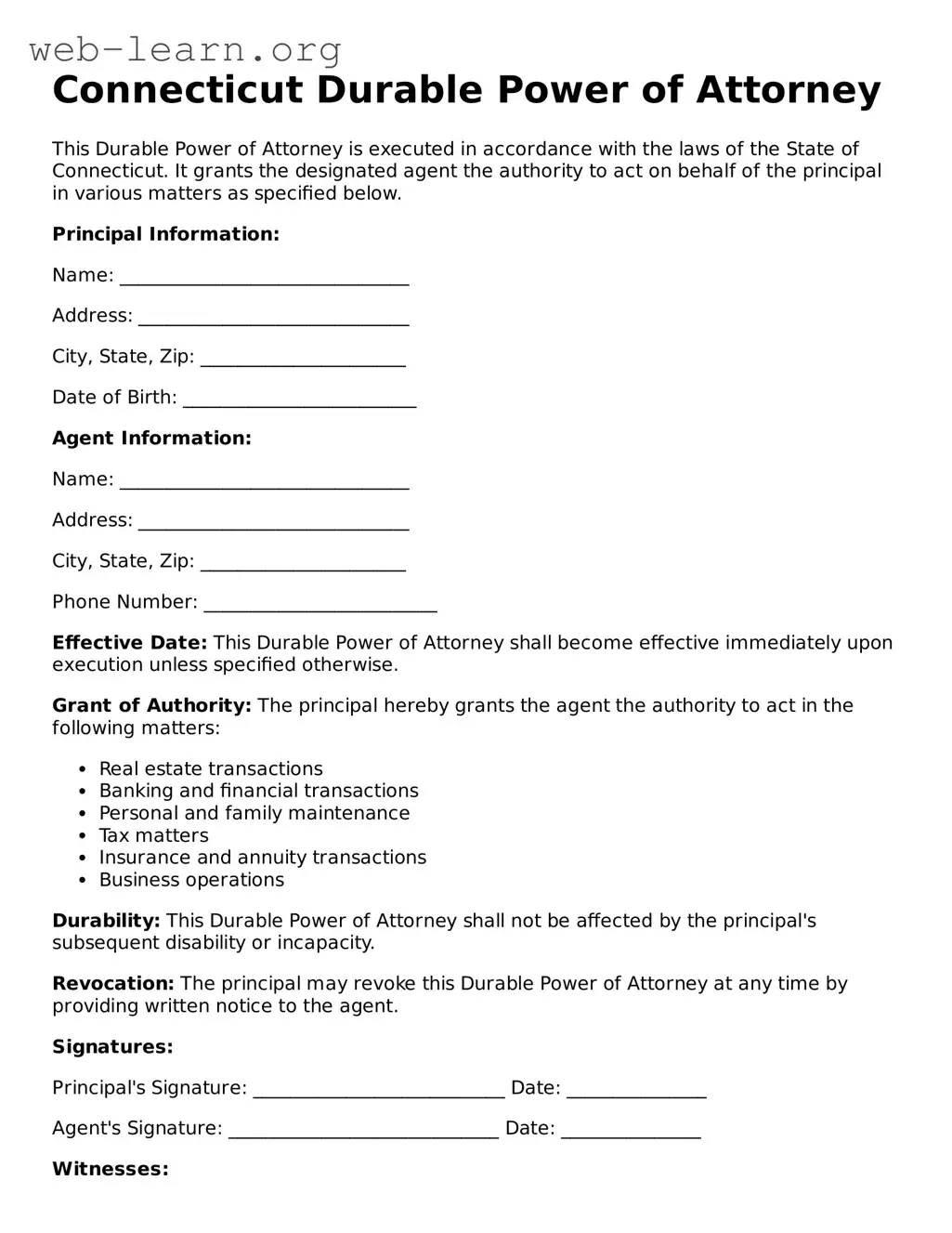Attorney-Approved Durable Power of Attorney Document for the State of Connecticut