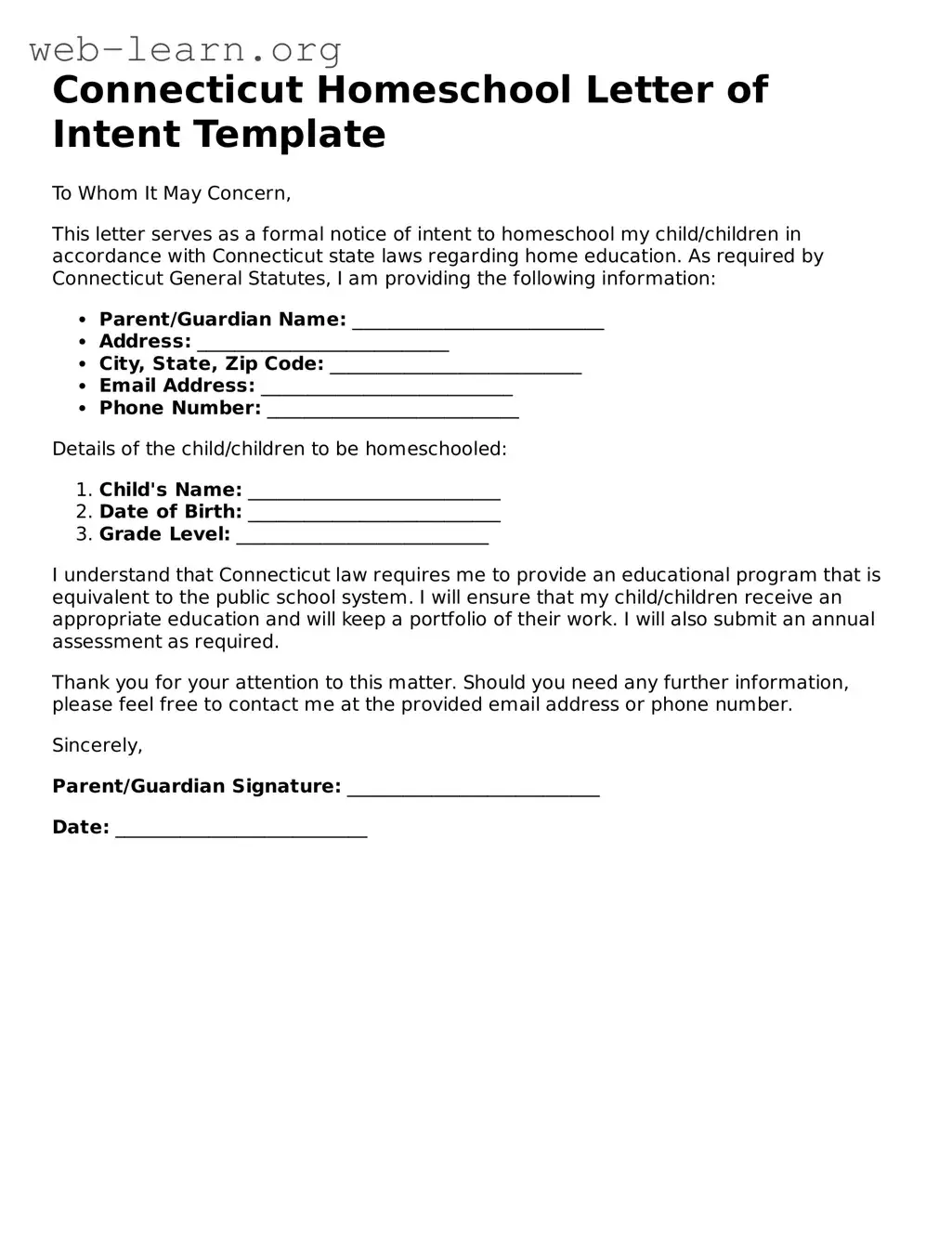 Attorney-Approved Homeschool Letter of Intent Document for the State of Connecticut