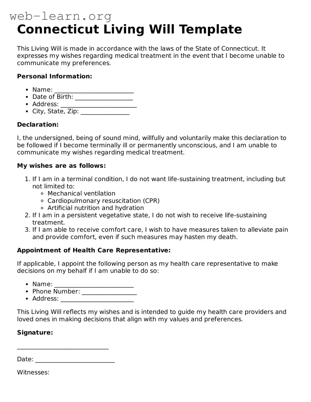 Attorney-Approved Living Will Document for the State of Connecticut