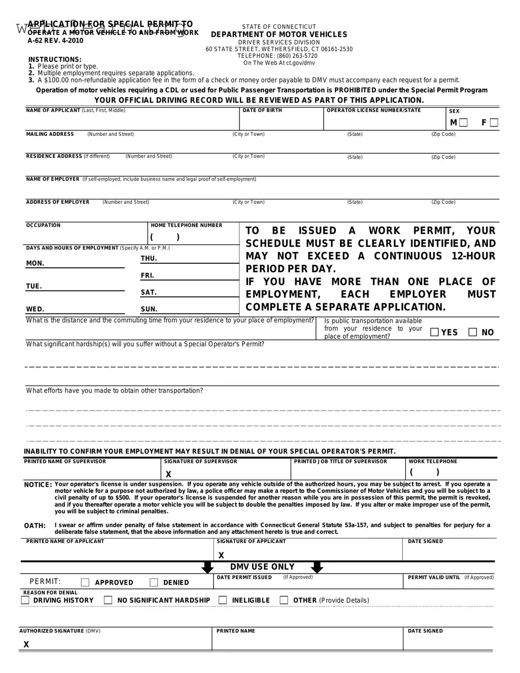 Blank Connecticut A 62 Form