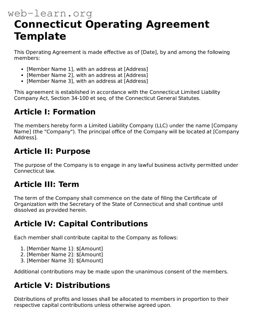 Attorney-Approved Operating Agreement Document for the State of Connecticut