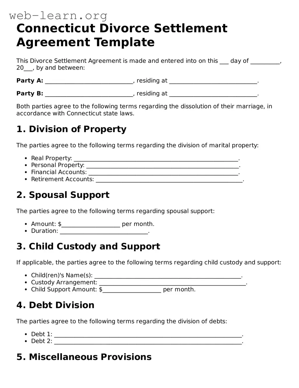 Attorney-Approved Divorce Settlement Agreement Document for the State of Connecticut