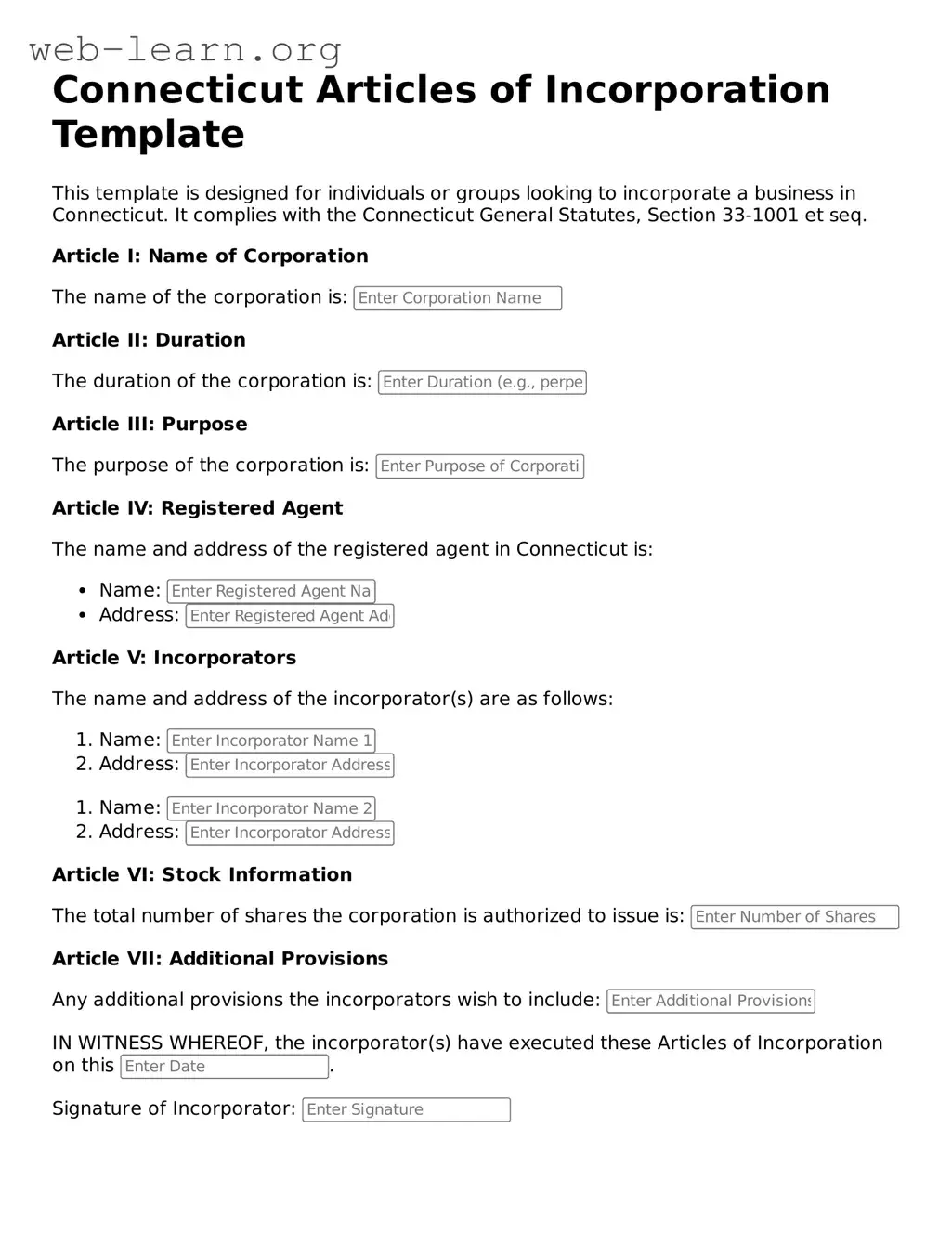 Attorney-Approved Articles of Incorporation Document for the State of Connecticut