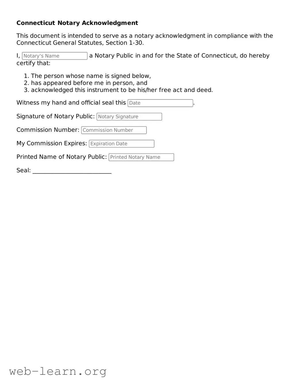 Attorney-Approved Notary Acknowledgement Document for the State of Connecticut