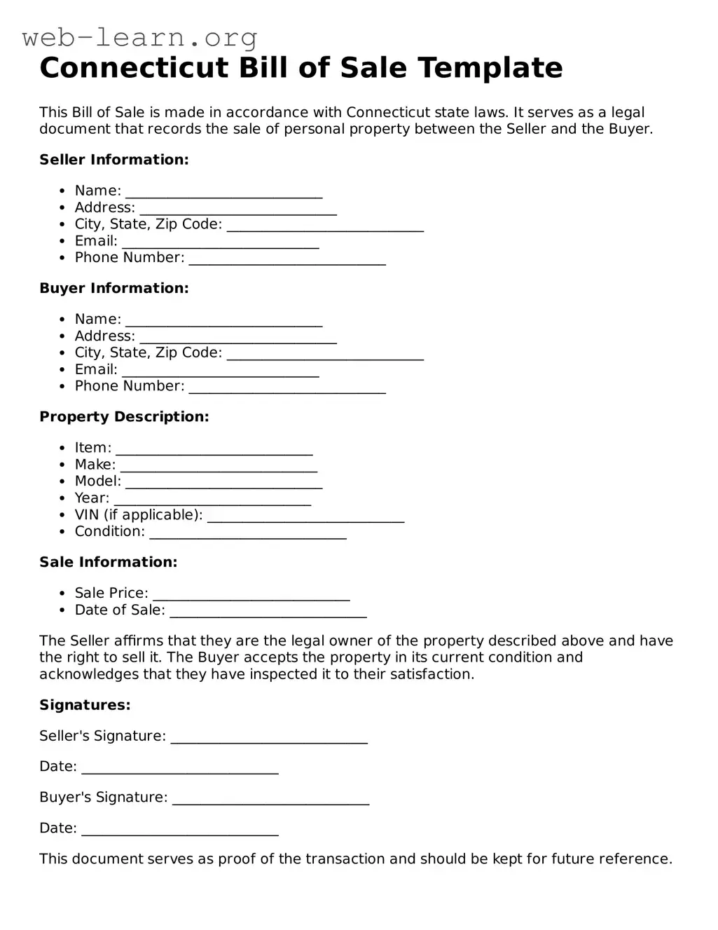 Attorney-Approved Bill of Sale Document for the State of Connecticut