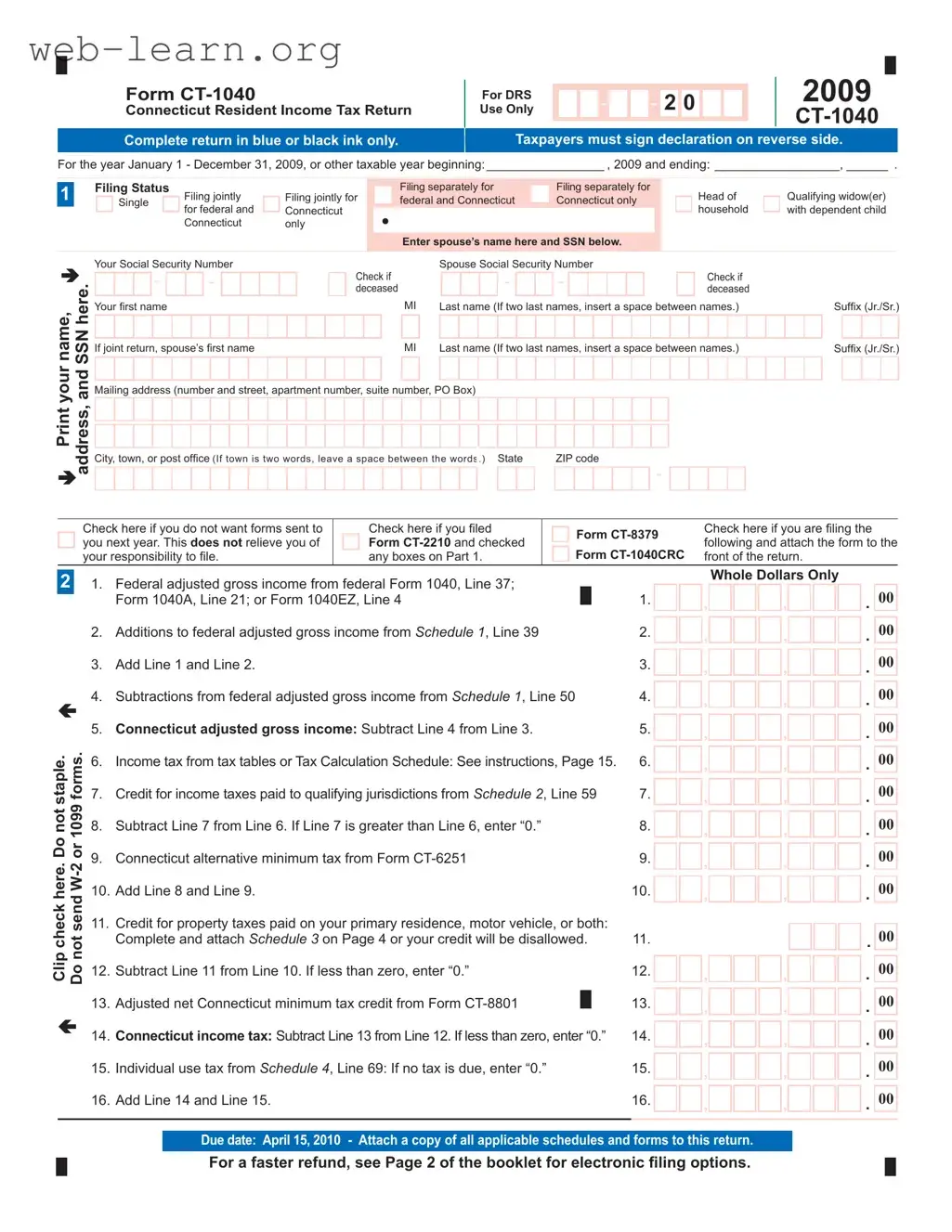 Blank Ct 1040 Connecticut Form