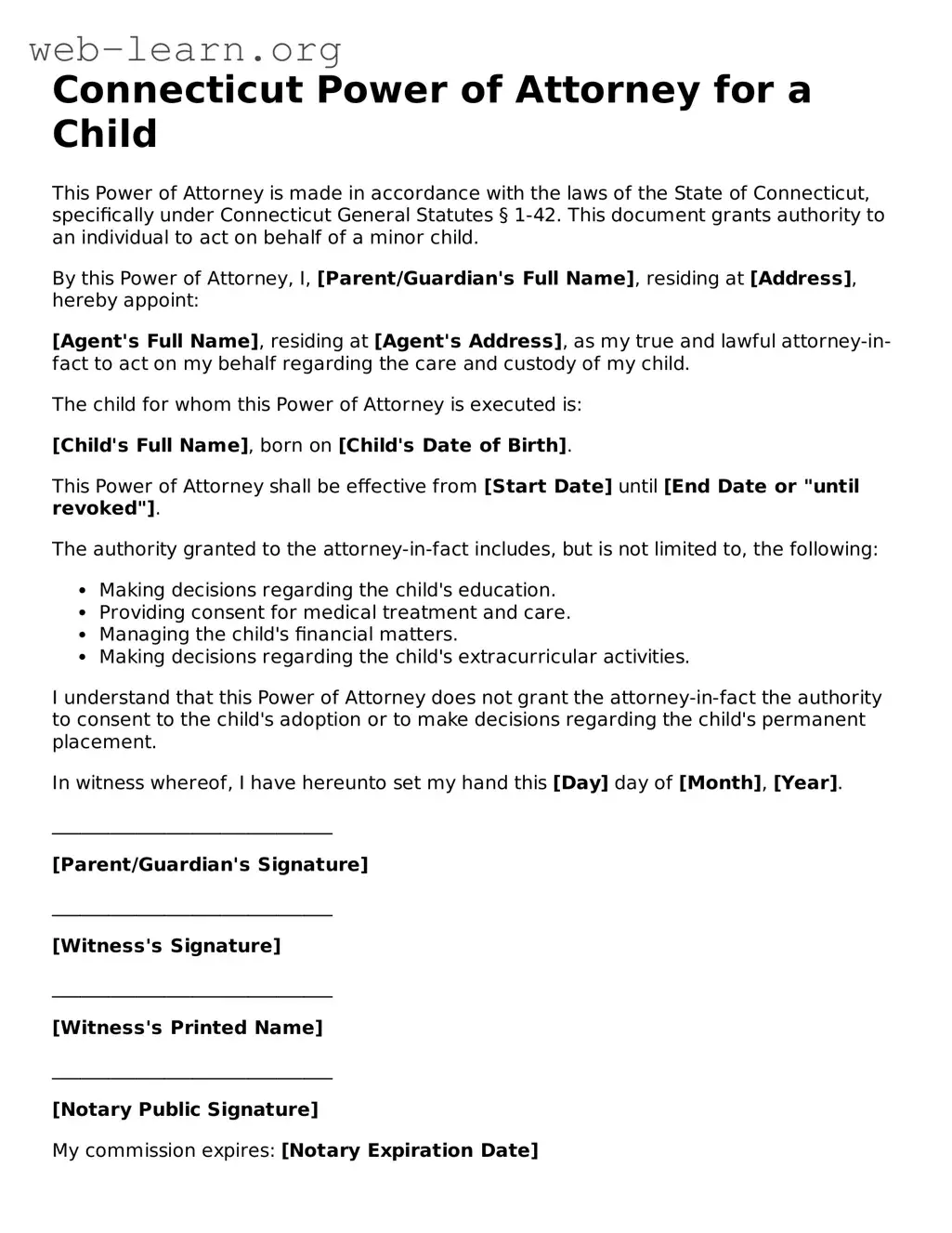 Attorney-Approved Power of Attorney for a Child Document for the State of Connecticut