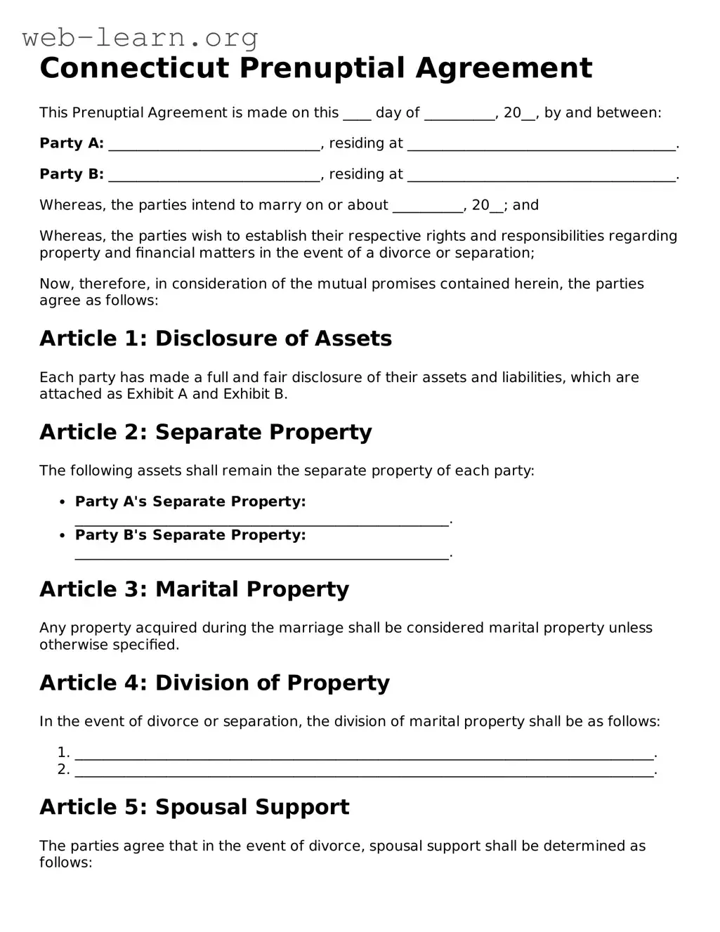 Attorney-Approved Prenuptial Agreement Document for the State of Connecticut