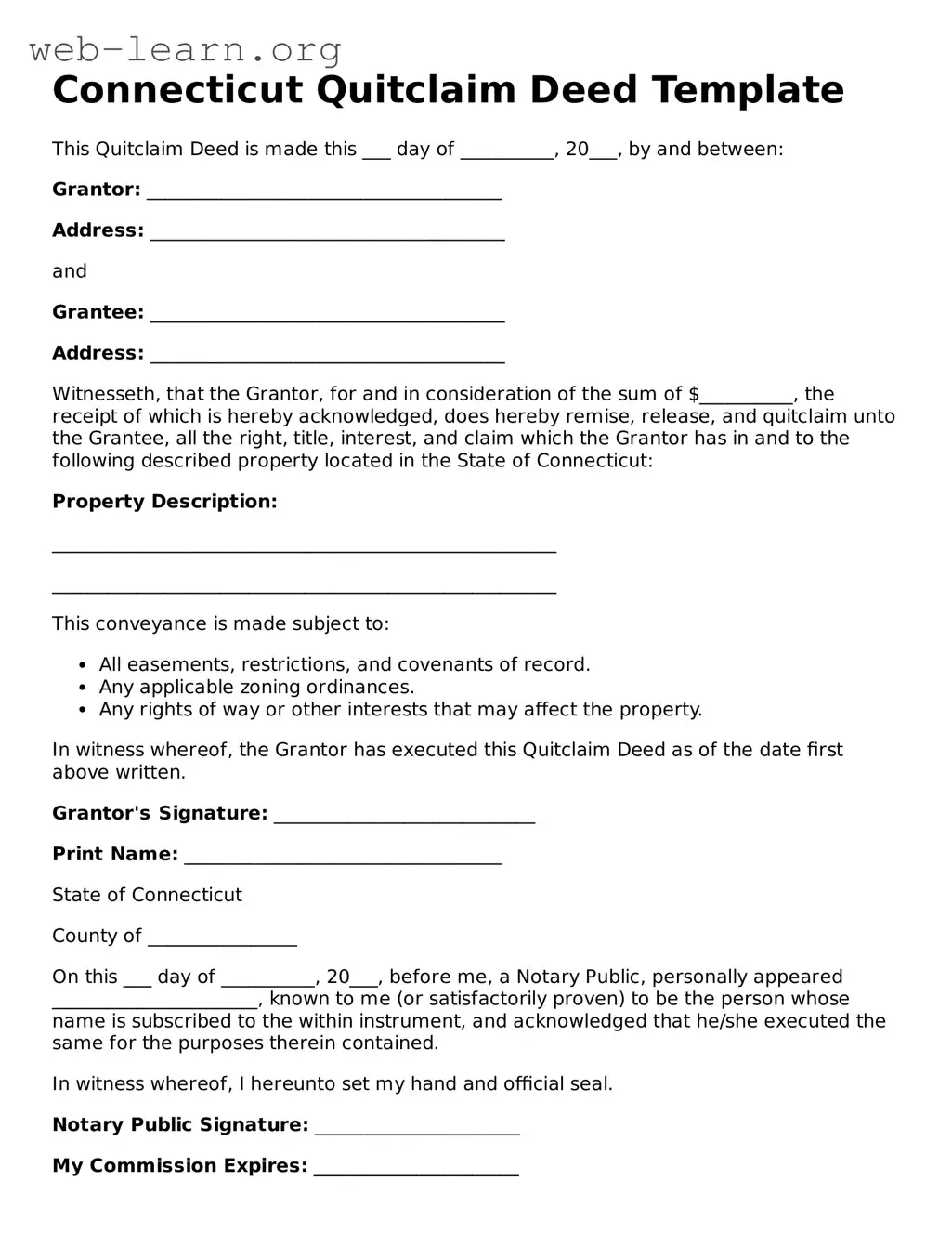 Attorney-Approved Quitclaim Deed Document for the State of Connecticut