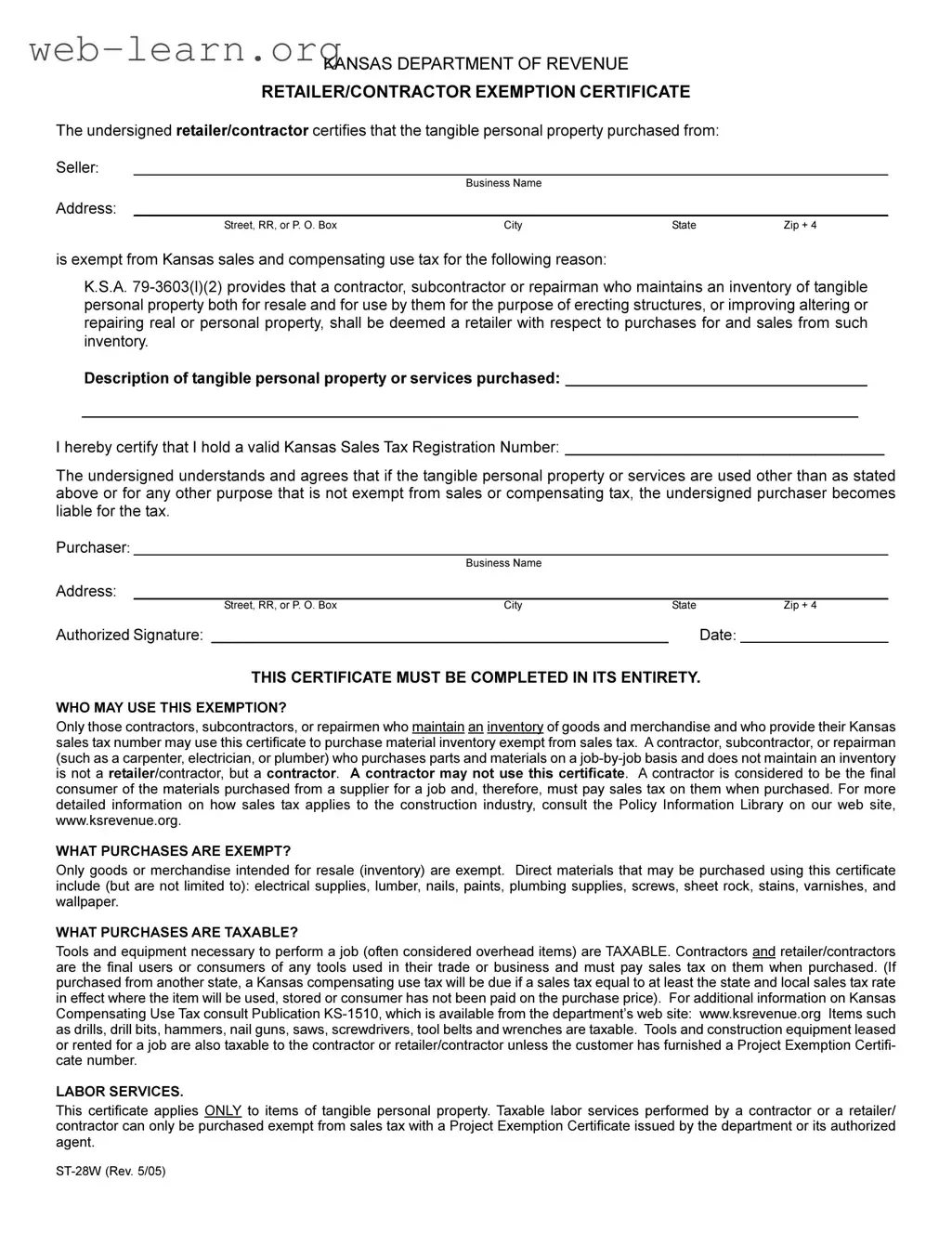 Blank Kansas St 28W Form