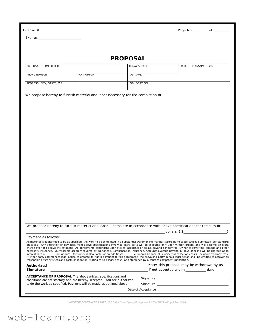 Blank Construction proposal form Form