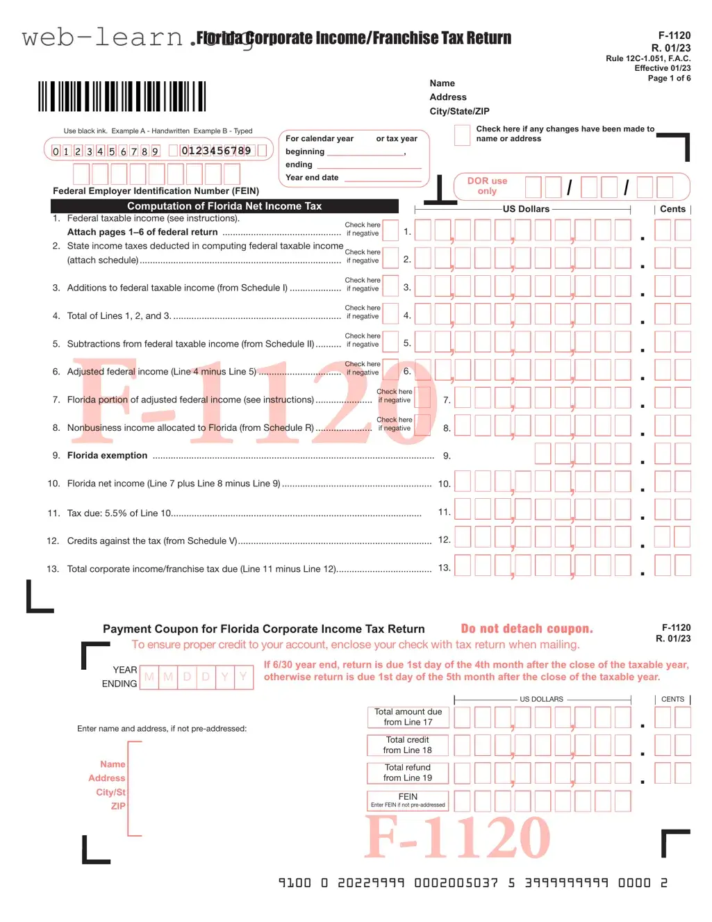 Blank Florida F 1120 Form