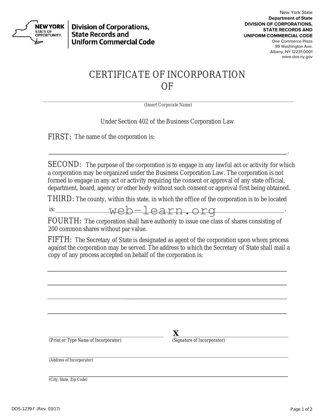 Blank New York Certificate Form