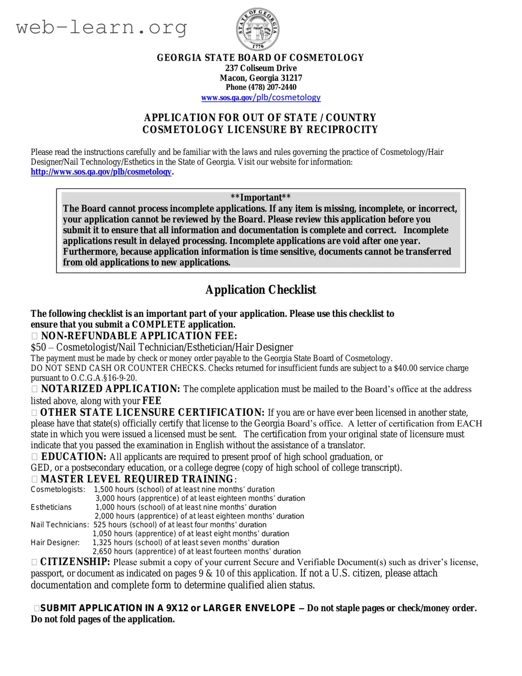 Blank Georgia Cosmetology Reciprocity Form