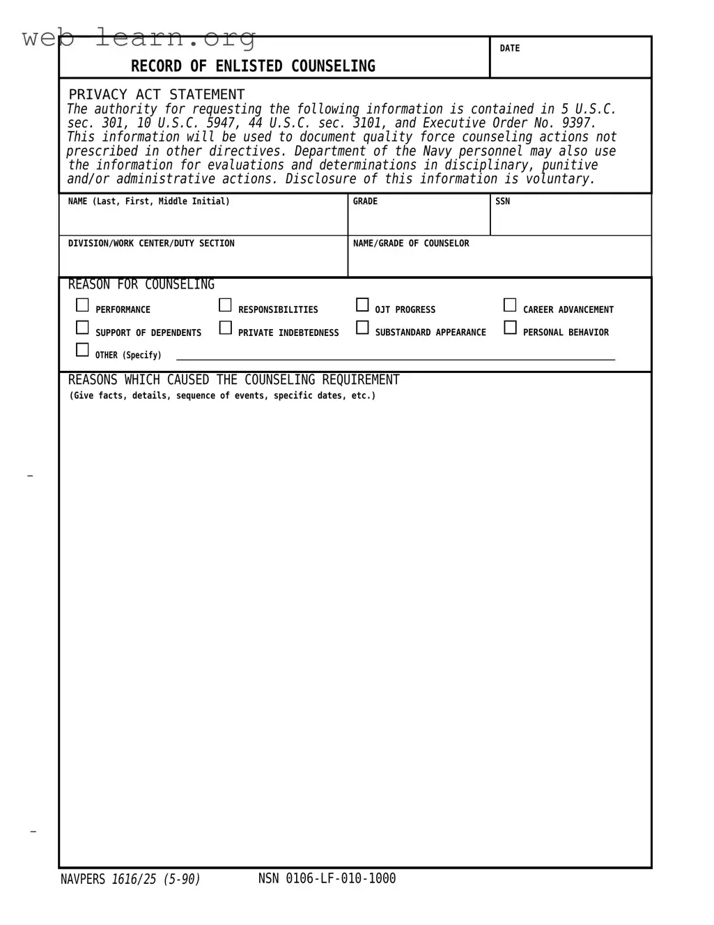 Blank Navpers 1616 25 Form