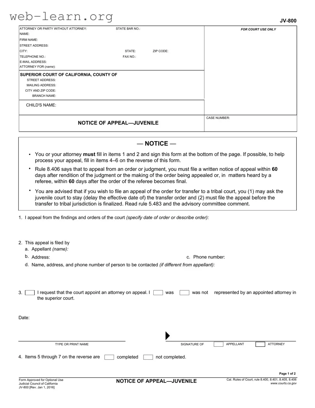 Blank California Jv 800 Form