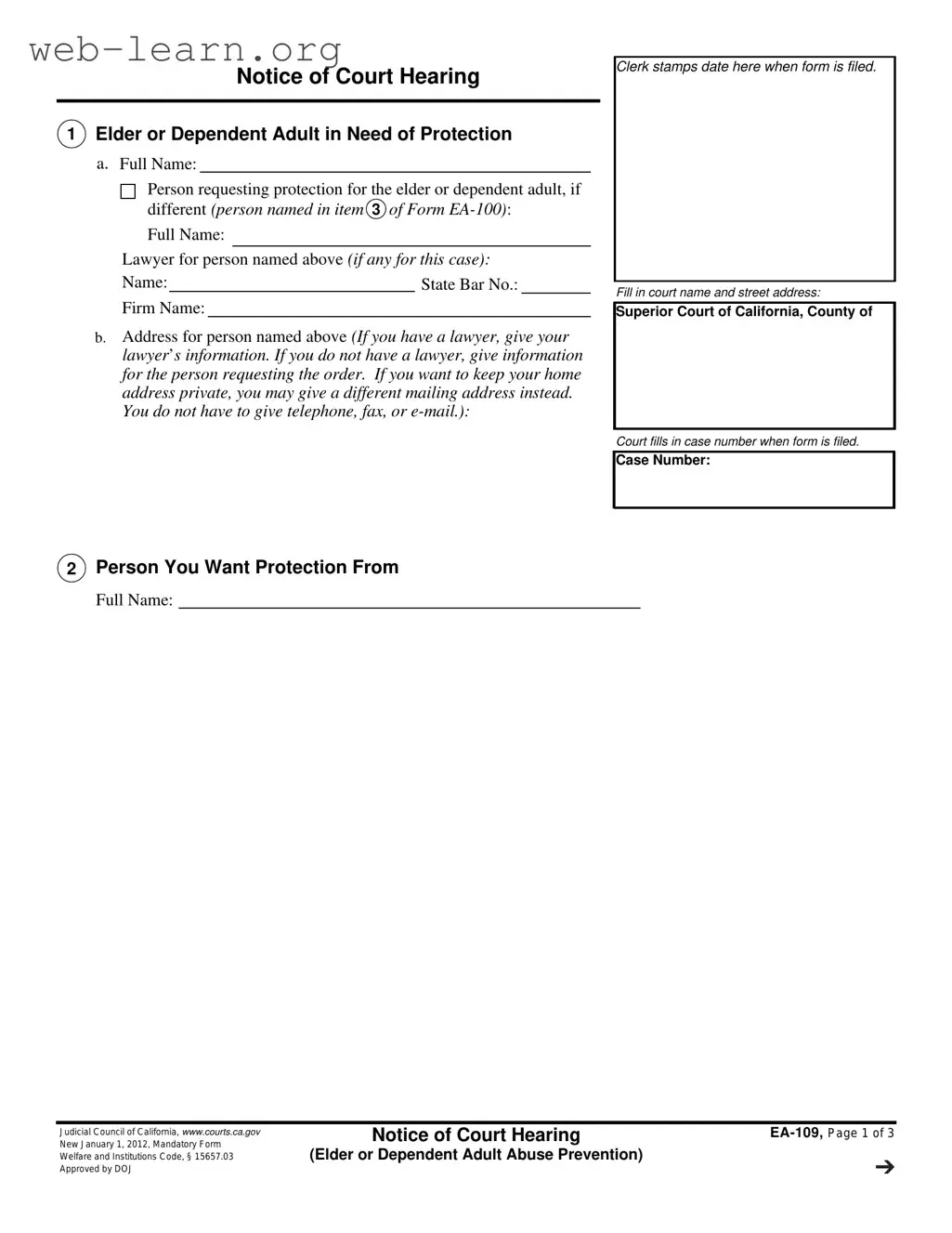 Blank California Ea 109 Form