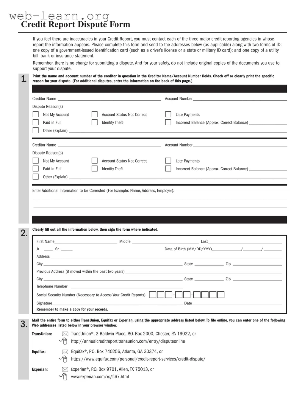 Blank Credit Report Dispute Form