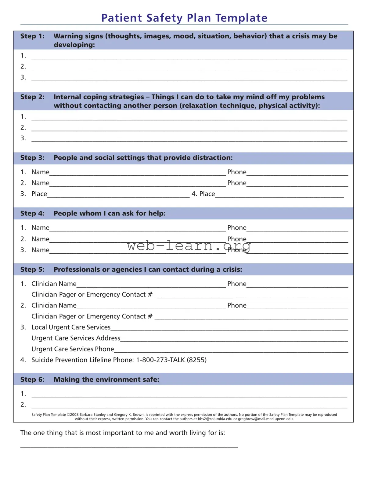 Blank Safety Plan Form