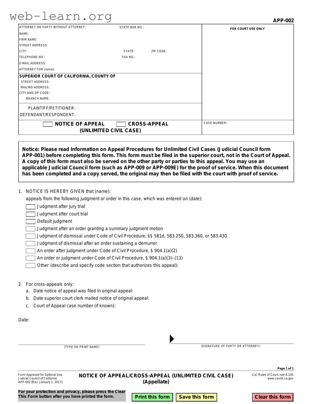 Blank California Notice App 002 Form