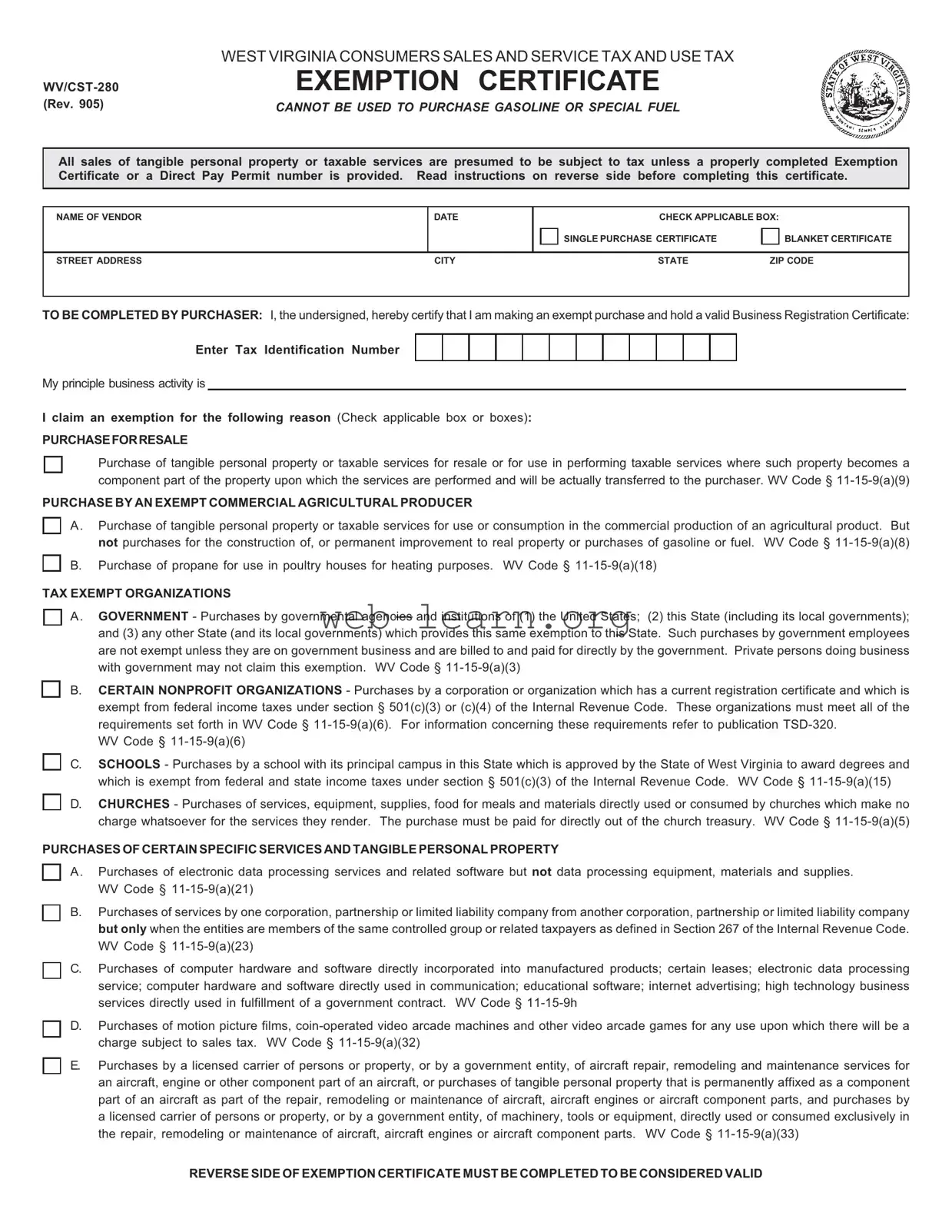 Blank Wv Tax Exempt Form
