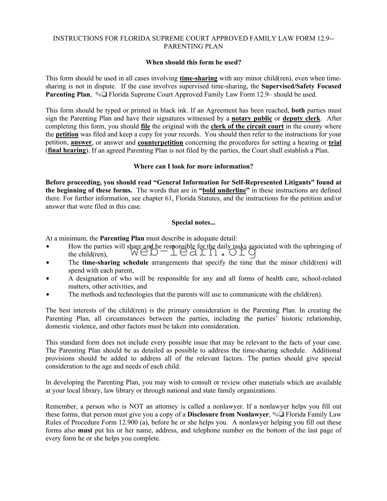 Blank Parenting Plan Examples Florida Form