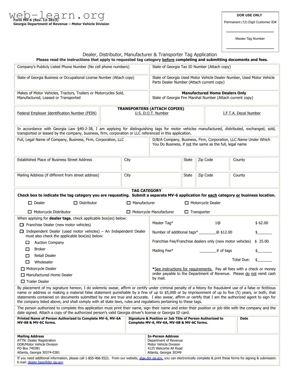 Blank Mv6 Georgia Form