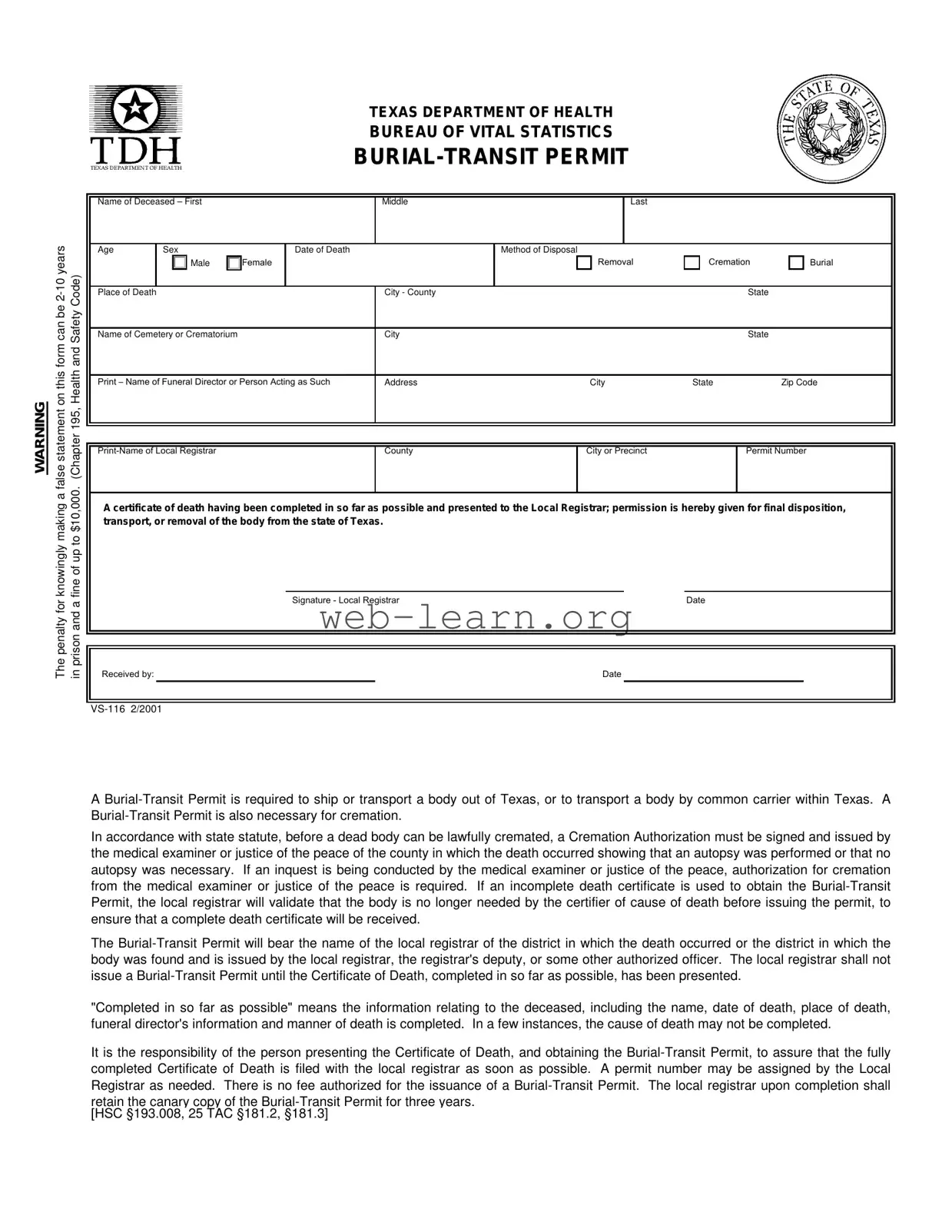 Blank Texas Burial Transit Permit Form