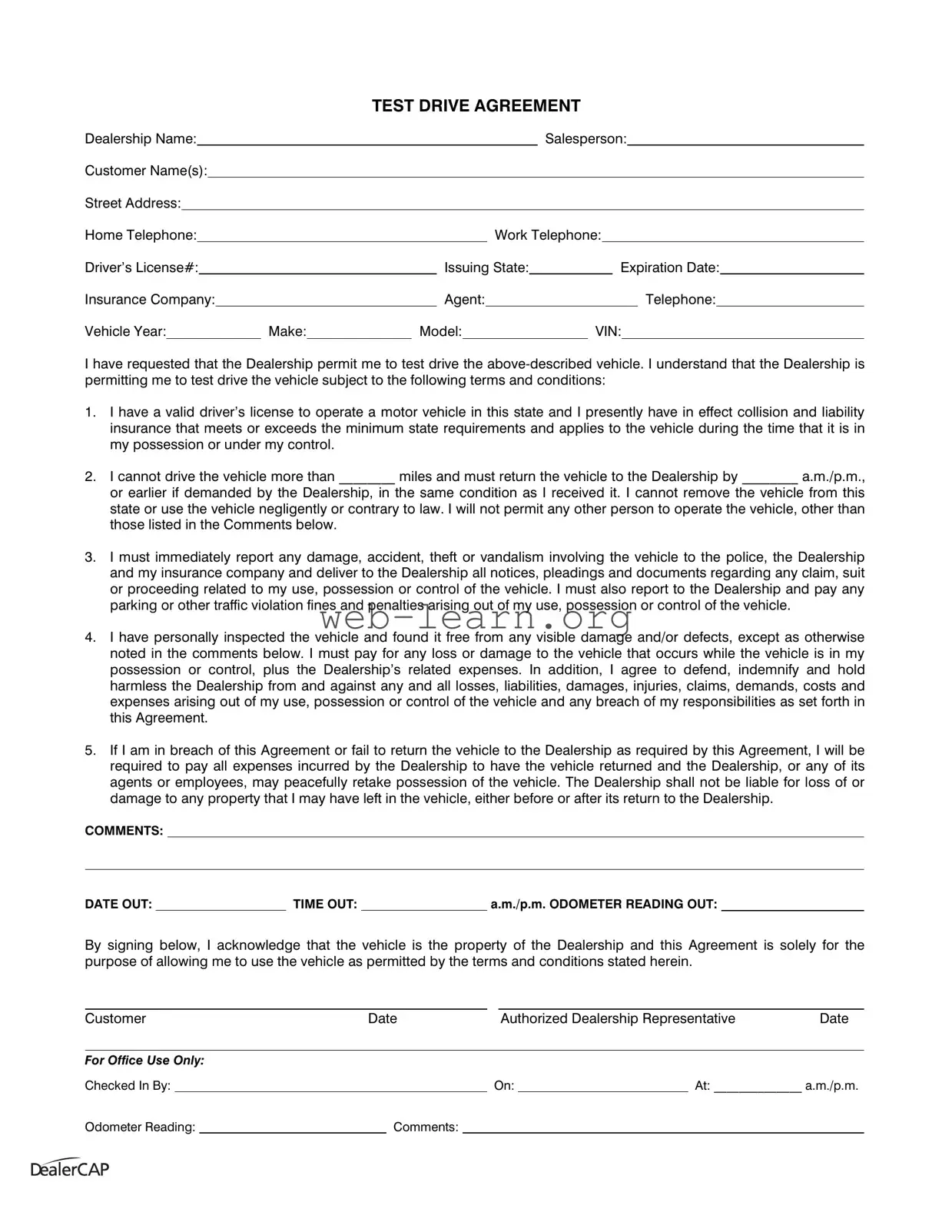 Blank Test Drive Form