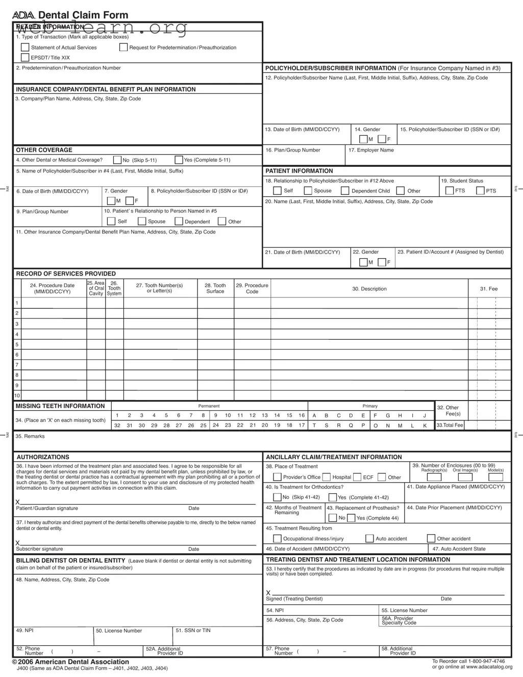 Blank Ada Dental Claim Form