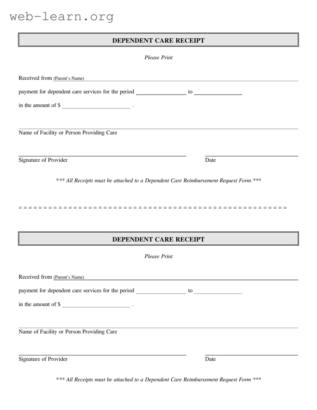 Blank Dependent Care Receipt Form