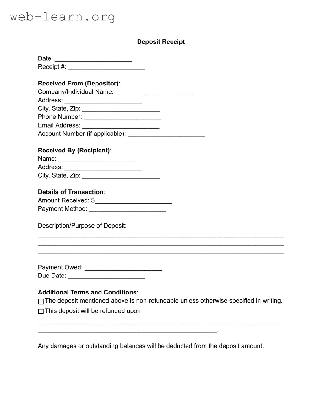 Blank Deposit Receipt Form