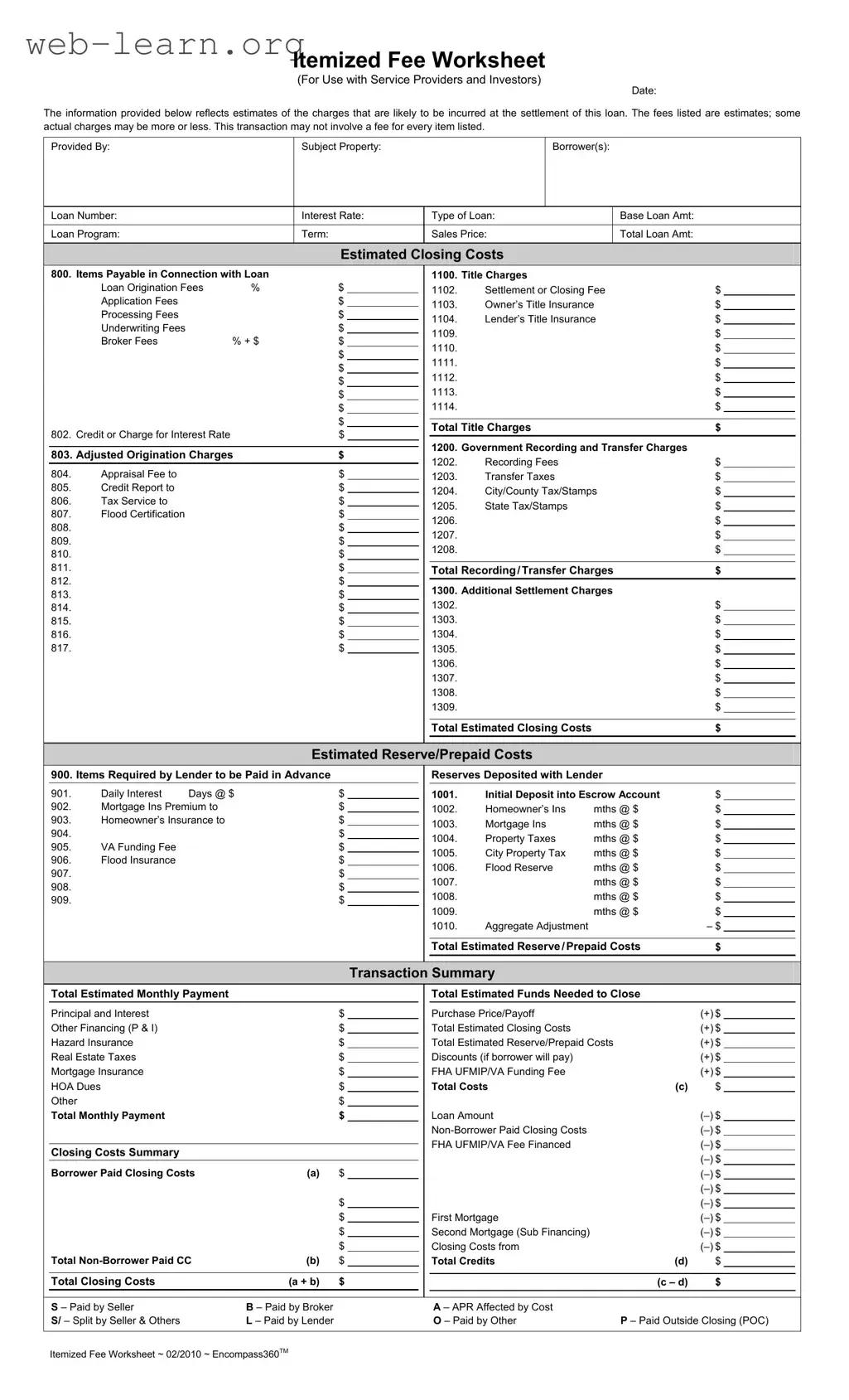 Blank Fee Worksheet Form