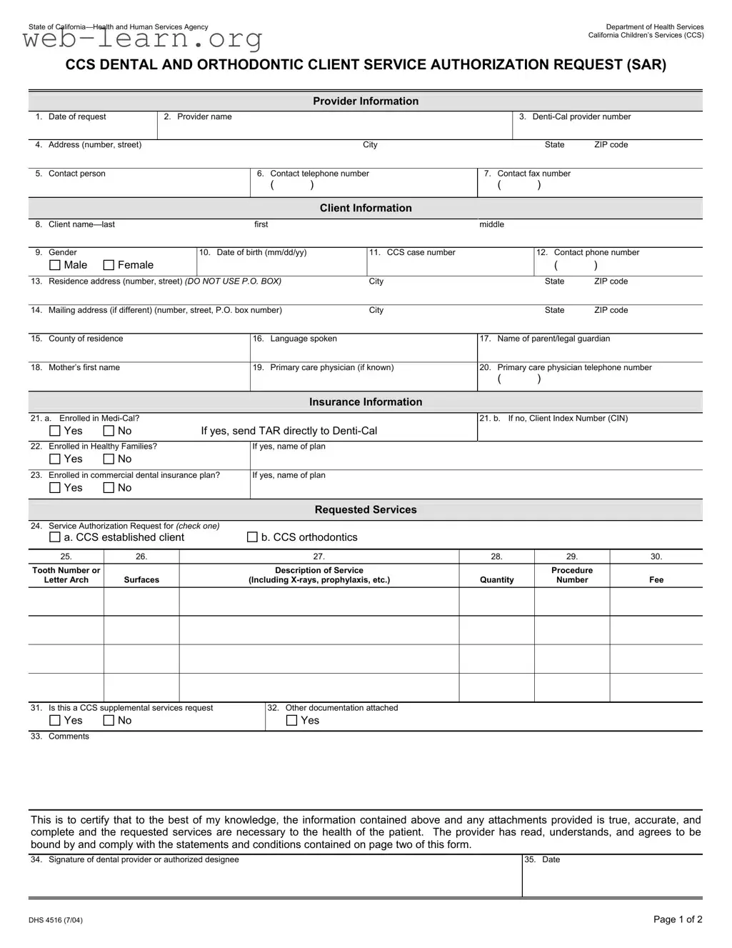 Blank California Dhs 4516 Form