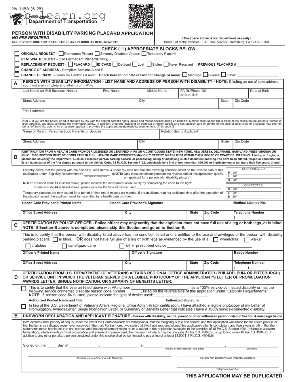 Blank Mv 145A Form