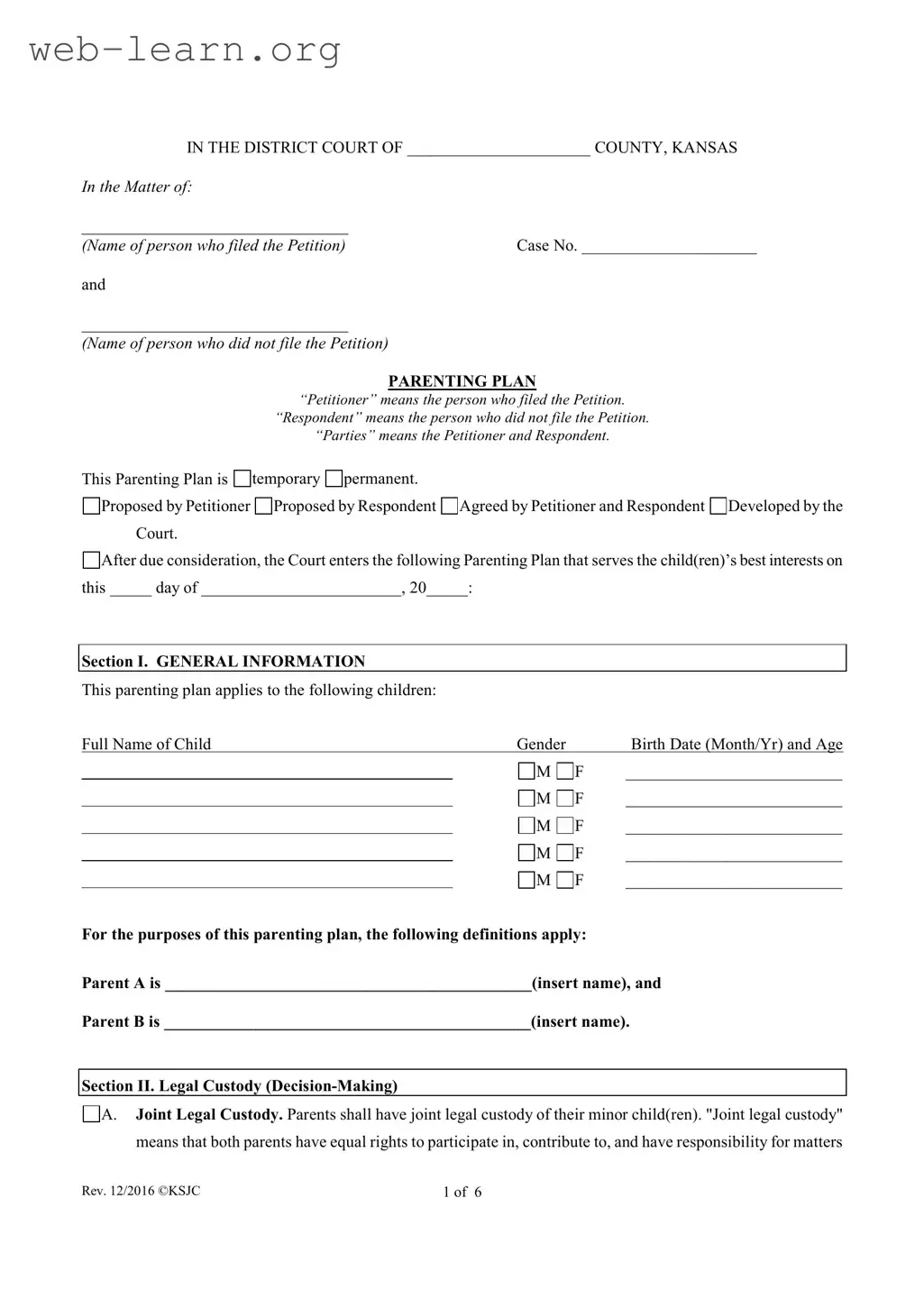 Blank Kansas Parenting Plan Form