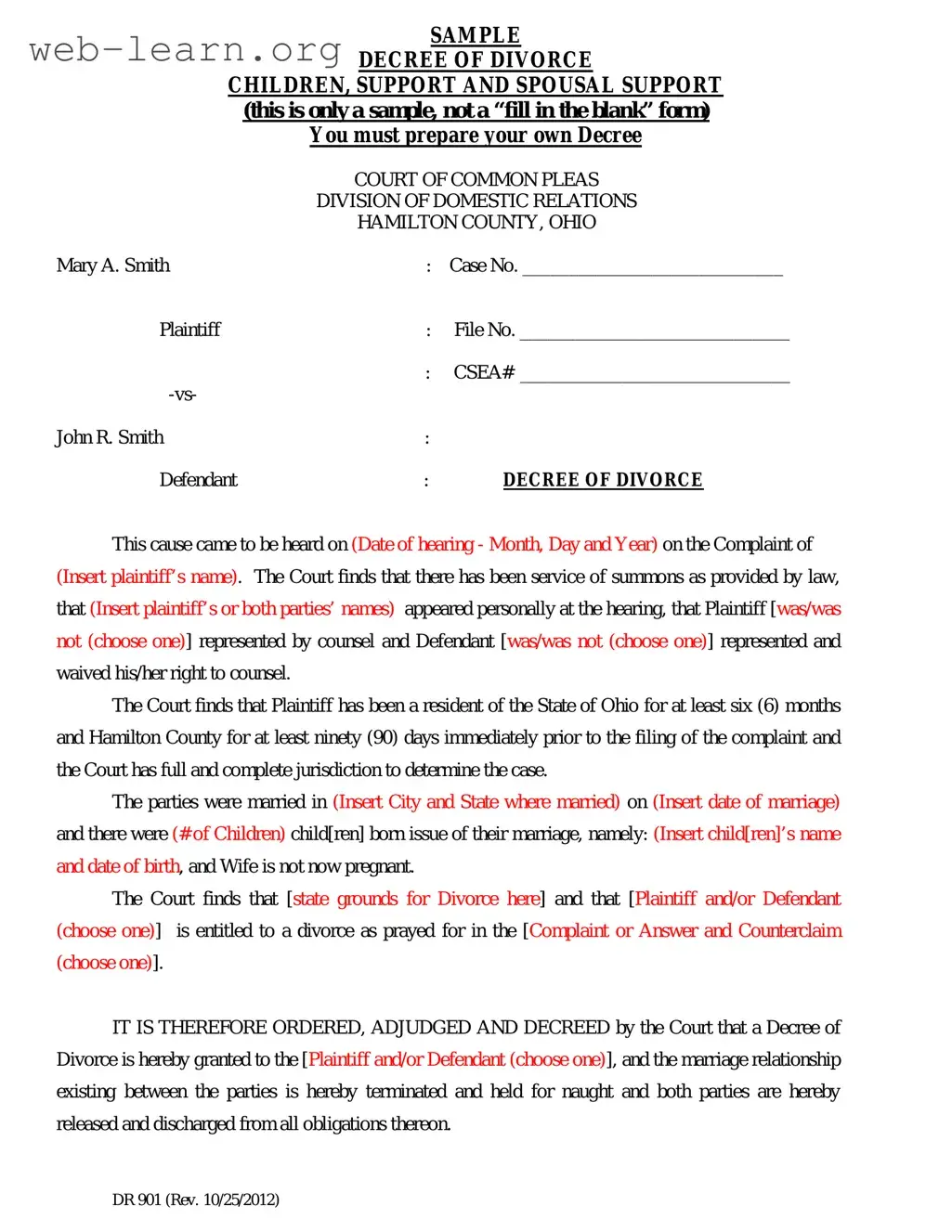 Blank Divorce Decree Sample Form