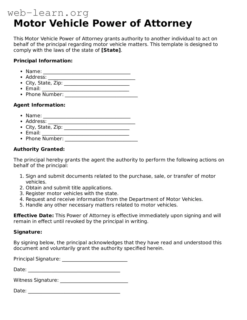 Attorney-Approved Motor Vehicle Power of Attorney Template