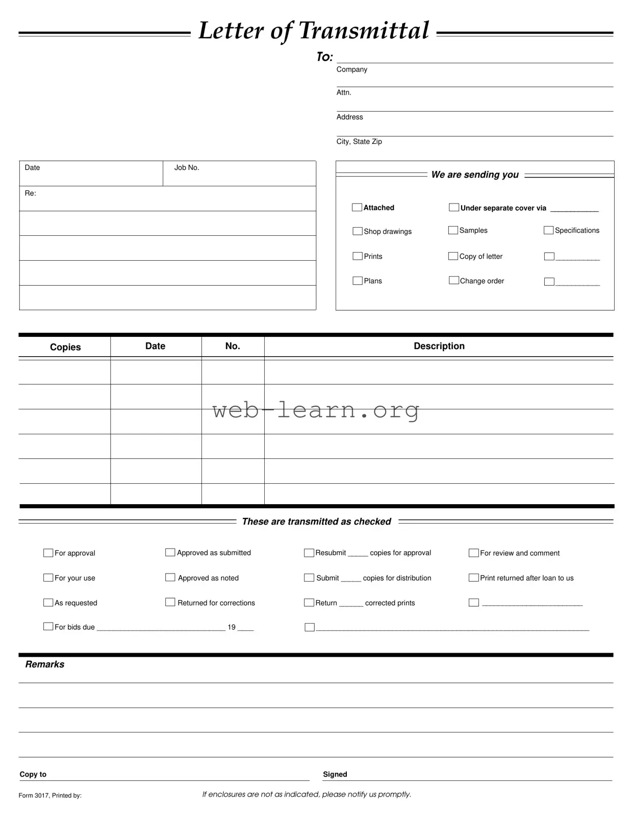 Blank Transmittal Form