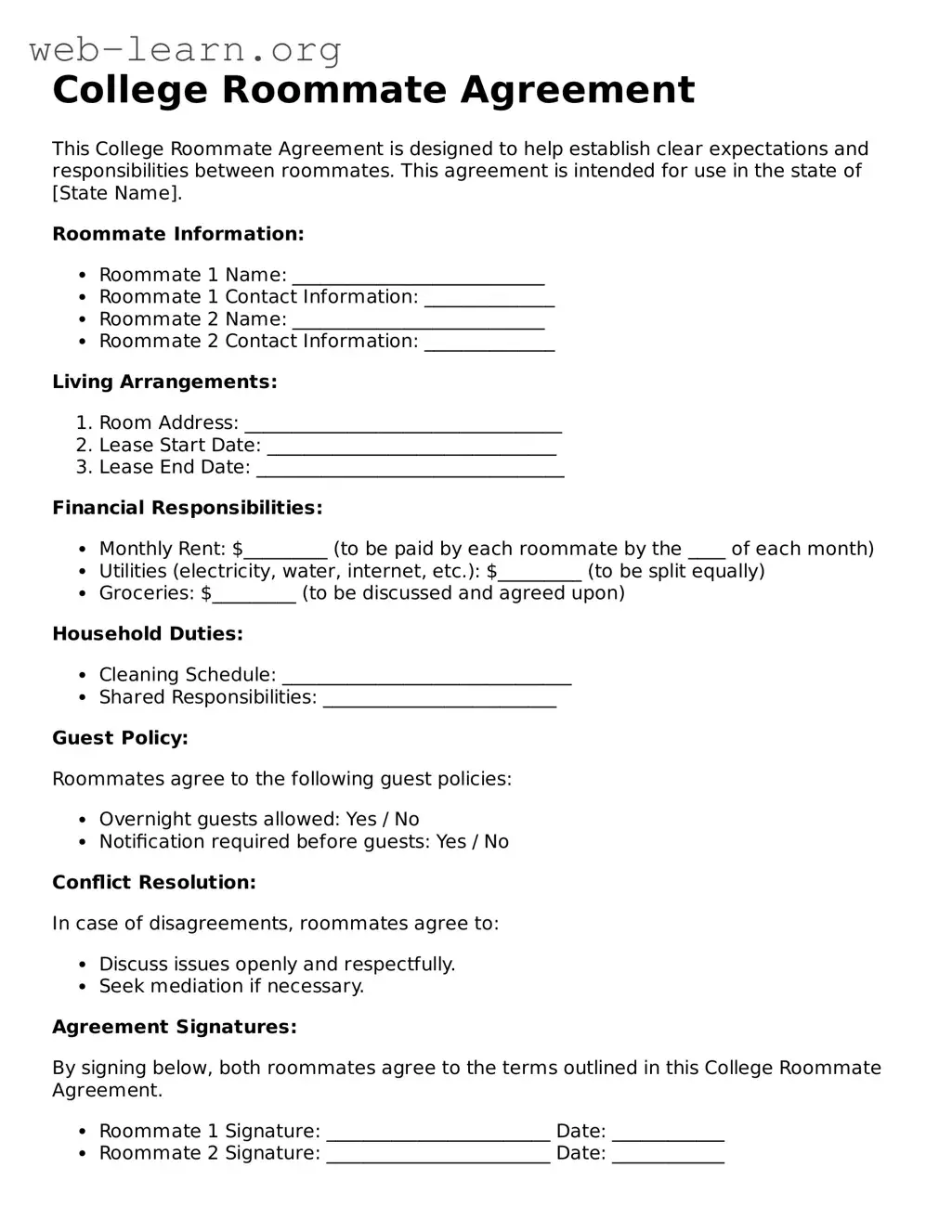 Attorney-Approved College Roommate Agreement Template