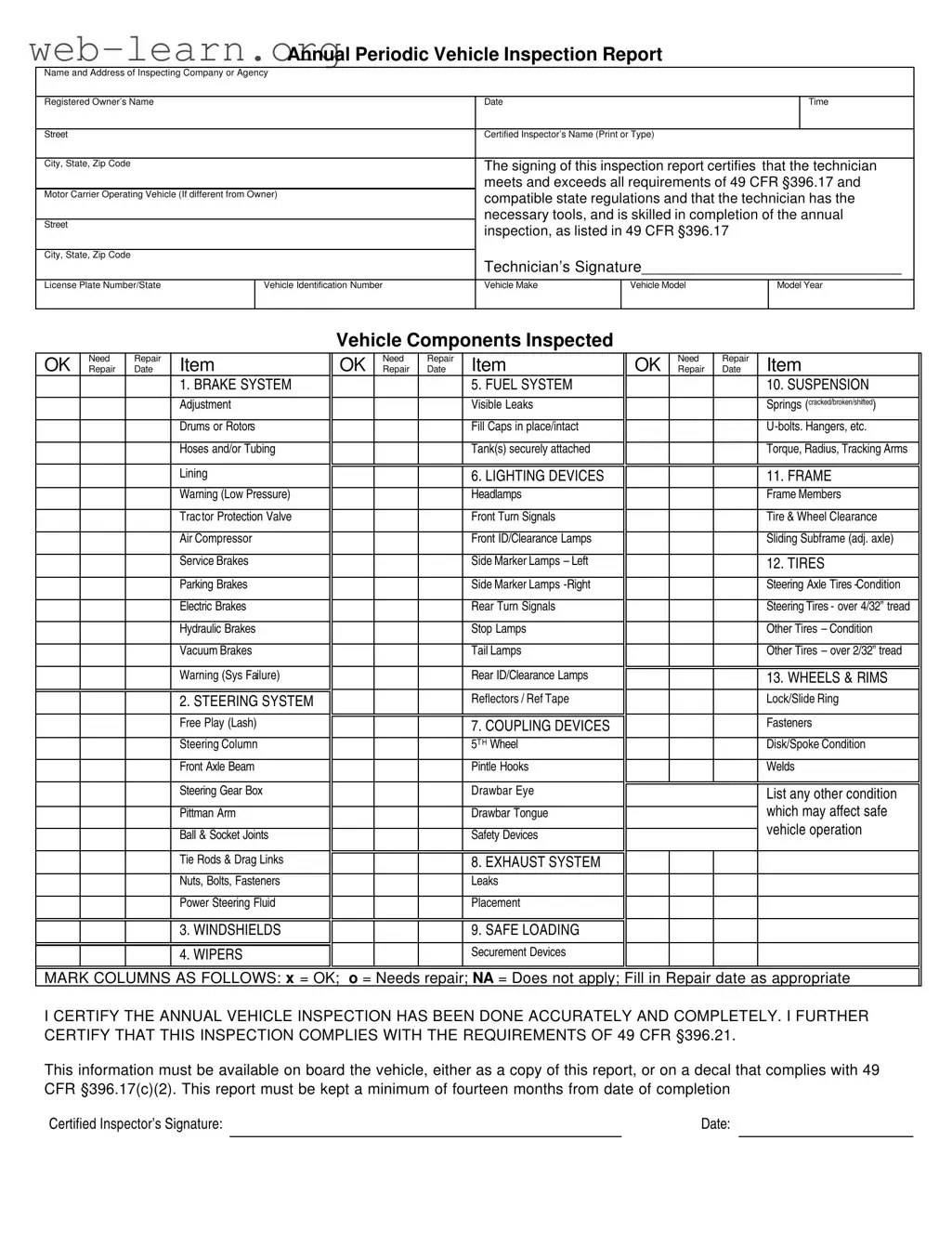 Blank Dot Vehicle Inspection Form
