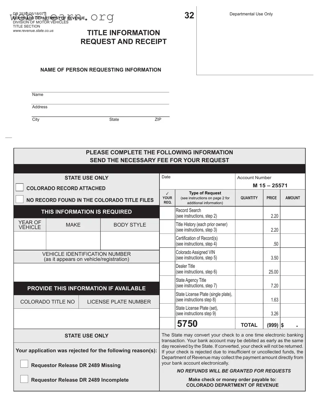 Blank Colorado Dr 2539 Form