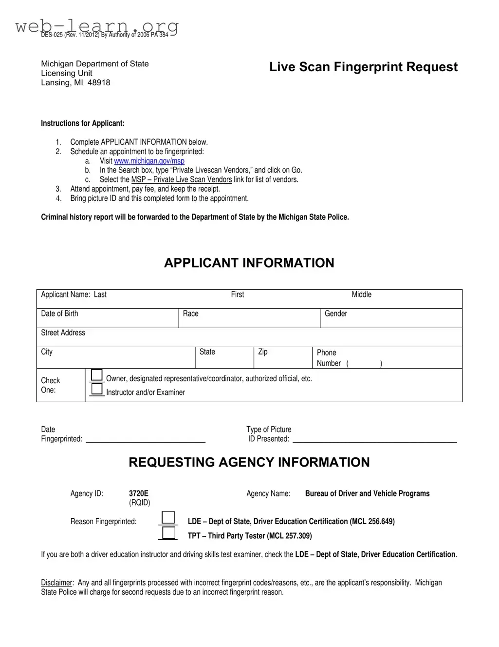 Blank Michigan Des 025 Form