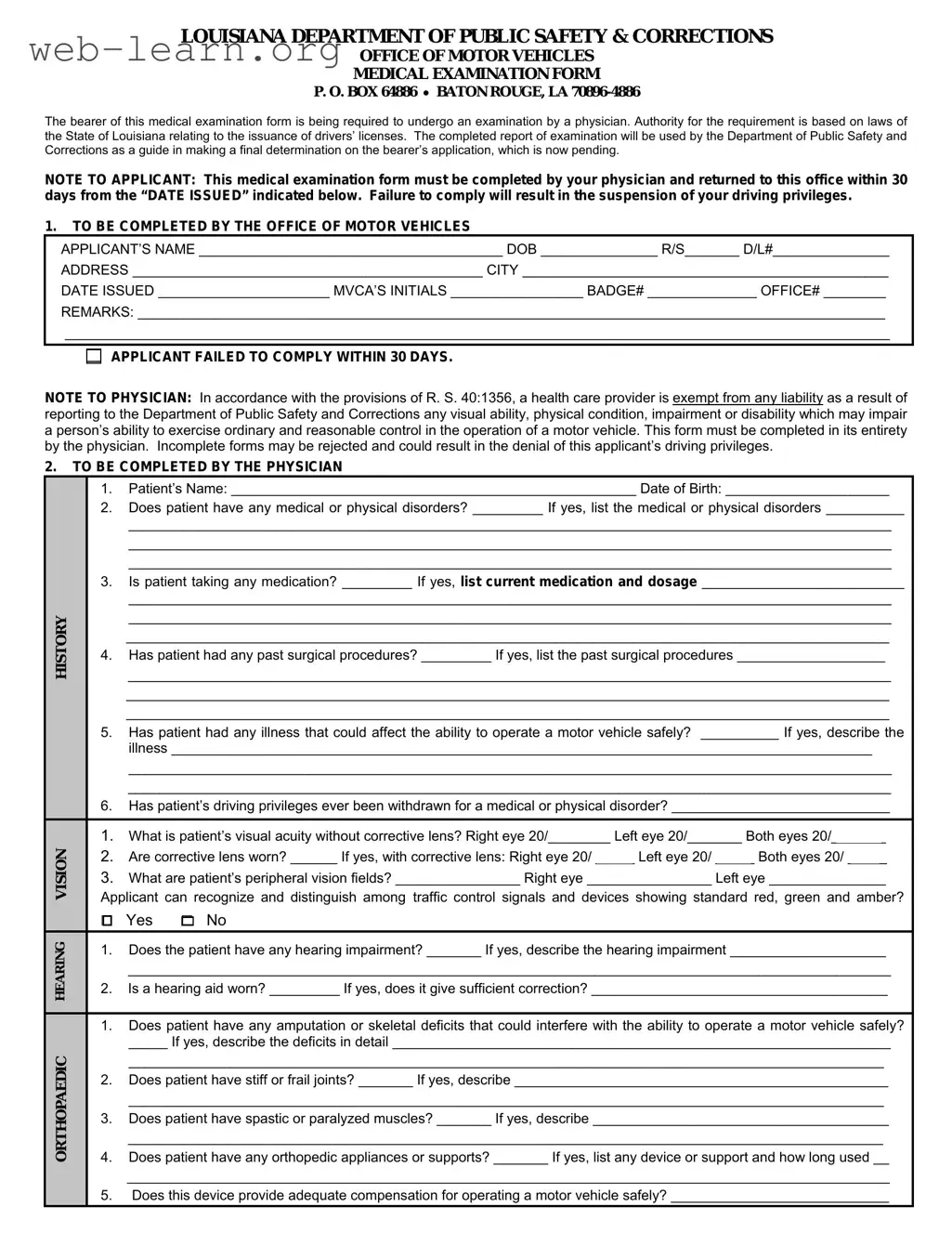 Blank Medical Examination Louisiana Form