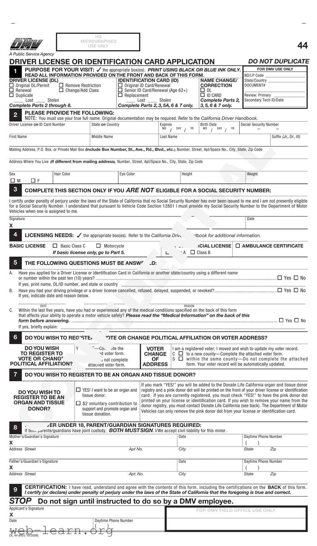 Blank Ca Dmv Dl 44 Form